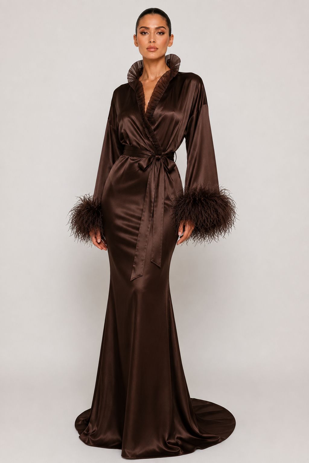 The Organza Feather Silk Robe - Chocolate Brown